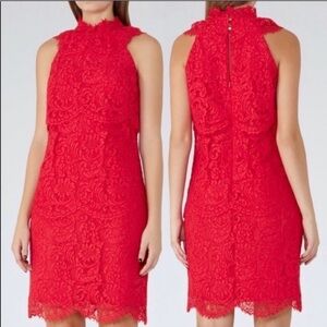 Reiss Sophia Lace Overlay Tiered Ruffle Red Dress